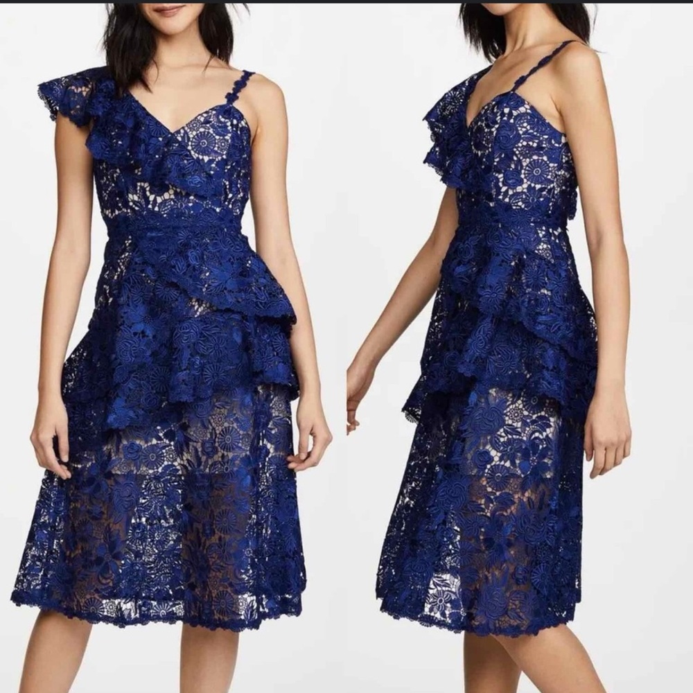 Alice + Olivia Florrie Ruffle Lace Midi Dress Blue Guipure Size 2
